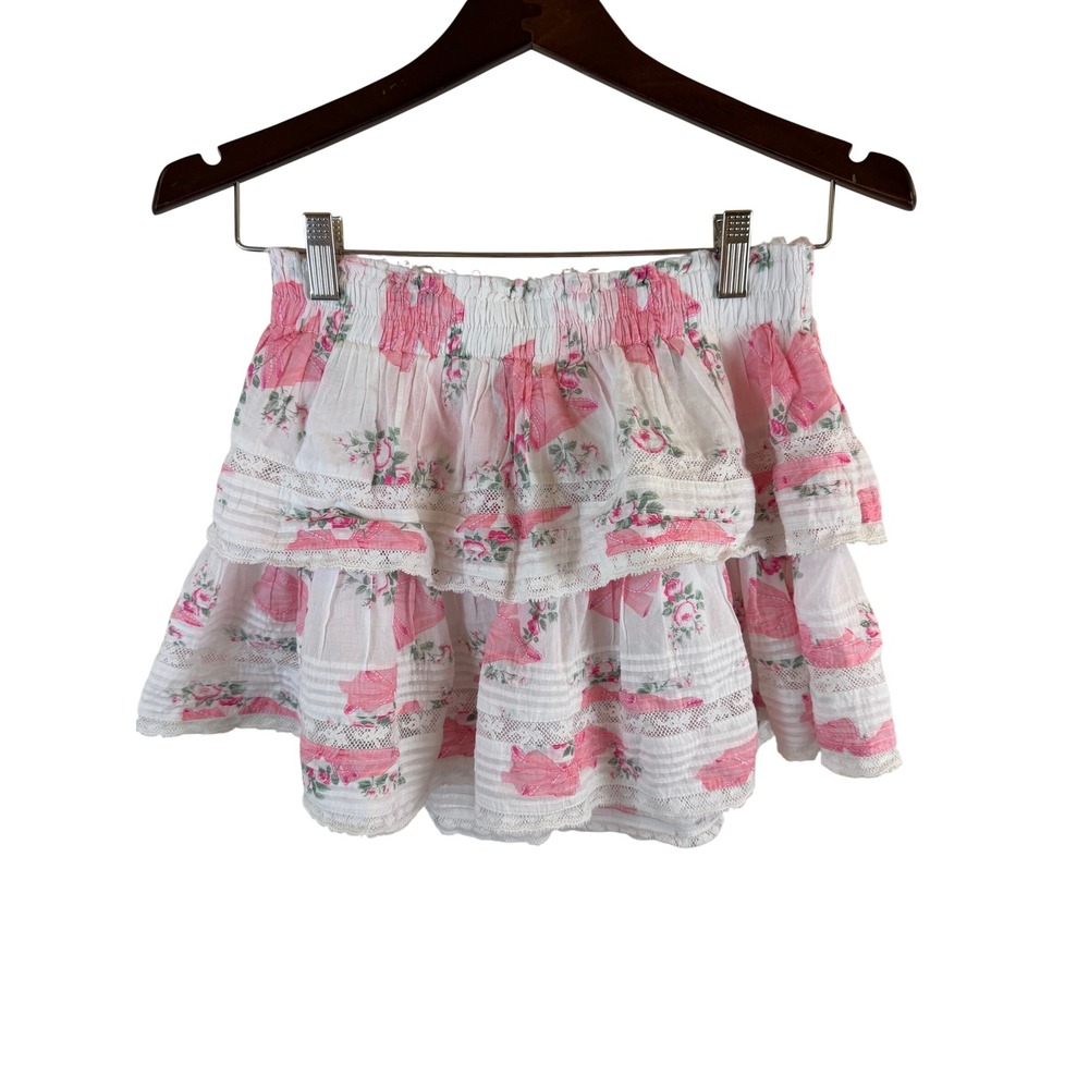 LoveShackFancy Ruffle Mini Skirt Womens XS Pink Floral Bow Tiered Cotton Lace